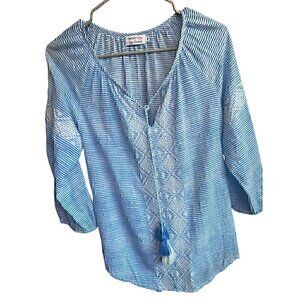 RIKSHAW DESIGN BEACH BOHO EMBROIDERED W/TASSEL, STRIPED, LIGHT BLUE, BLOUSE SM